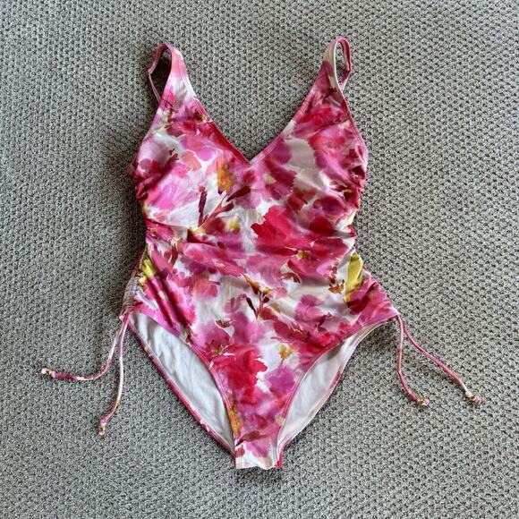Women's Plunge Side Tie One Piece Swimsuit Shade & Shore Multi Floral Print XL - Picture 4 of 9